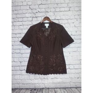 Tally Taylor Brown Embroidered Scalloped V-Neck Short Sleeve‎ Blouse Size 16